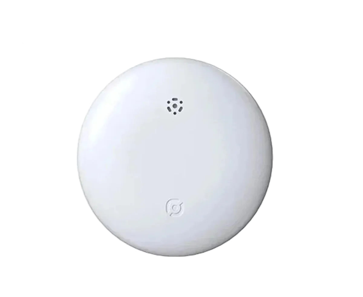White round bluetooth tracker device with compatibility logos for Apple Find My and Android Find Hub on a white background.