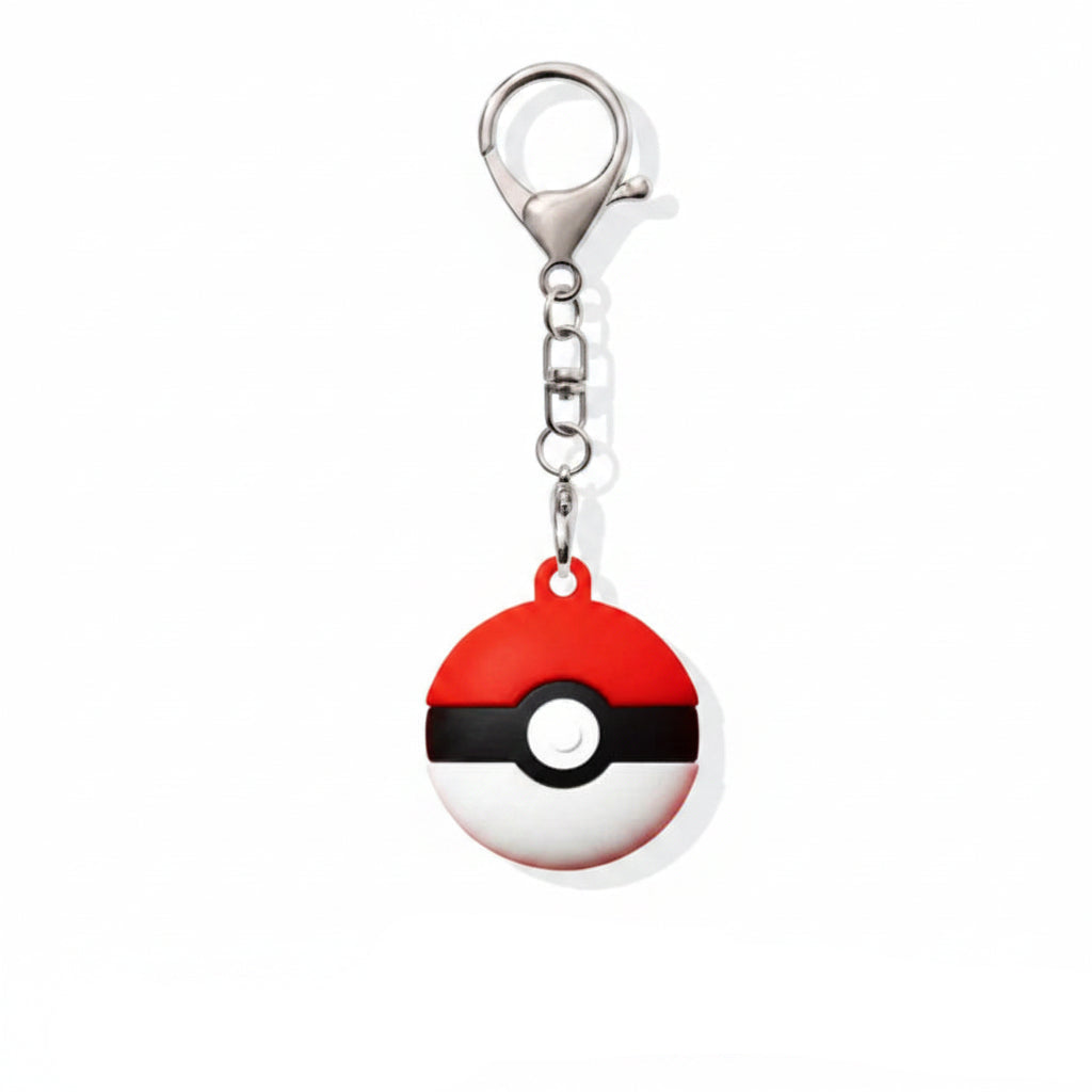 Red Poké Ball keychain with silver clasp on a red background