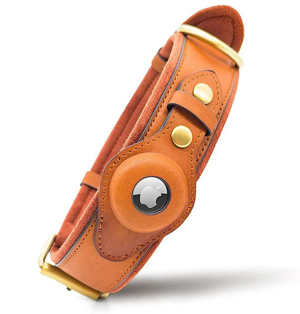 Genuine Leather Dog Collar with Built-In Tracker Holder