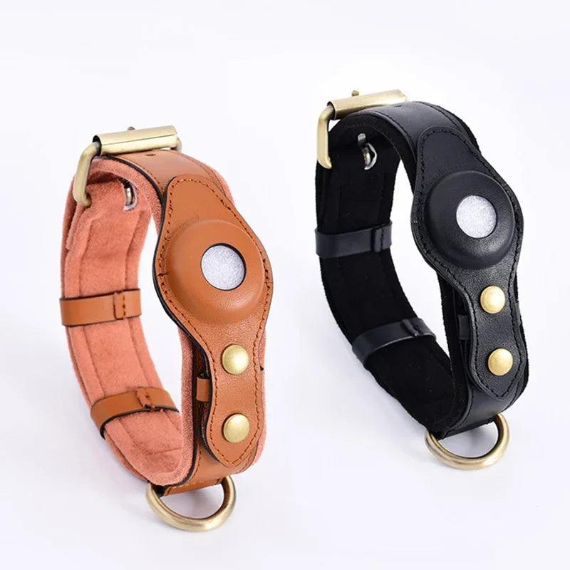 Genuine Leather Dog Collar with Built-In Tracker Holder