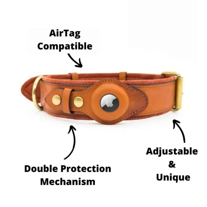 Genuine Leather Dog Collar with Built-In Tracker Holder
