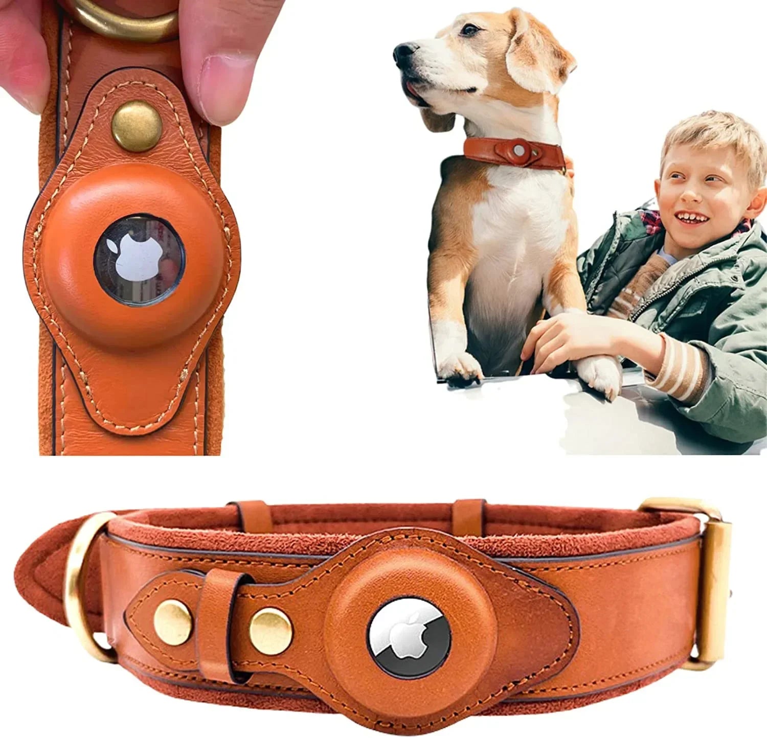Genuine Leather Dog Collar with Built-In Tracker Holder