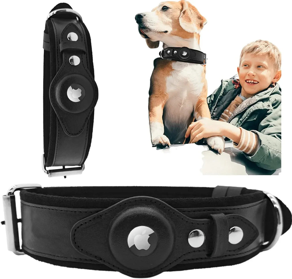 Genuine Leather Dog Collar with Built-In Tracker Holder