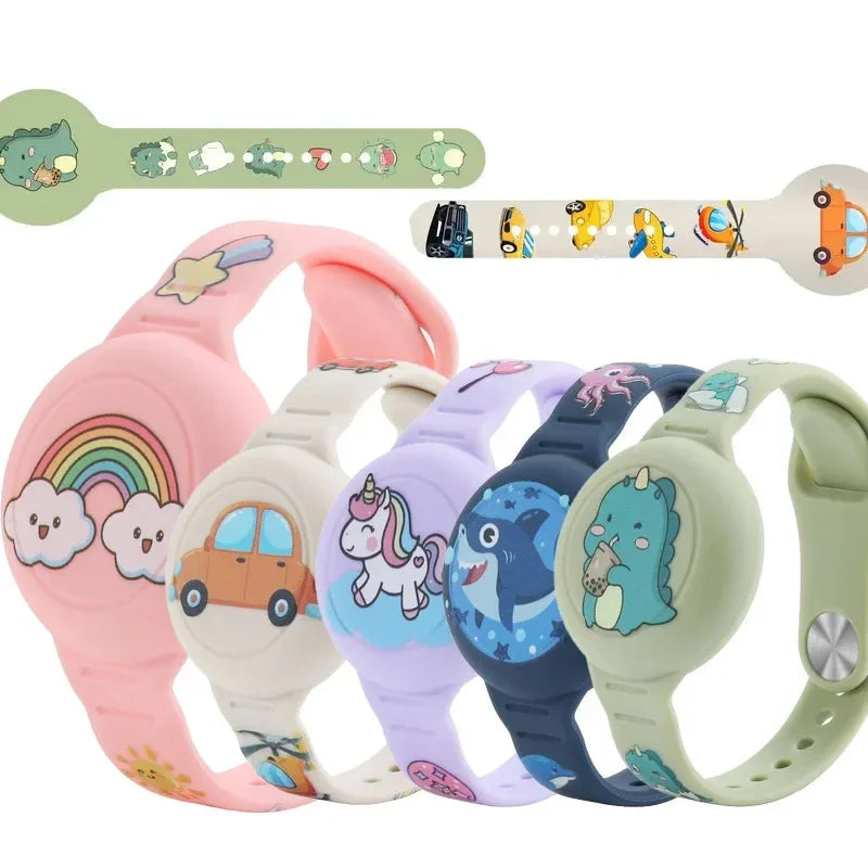 Colorful Apple AirTag holders with various designs on a white background